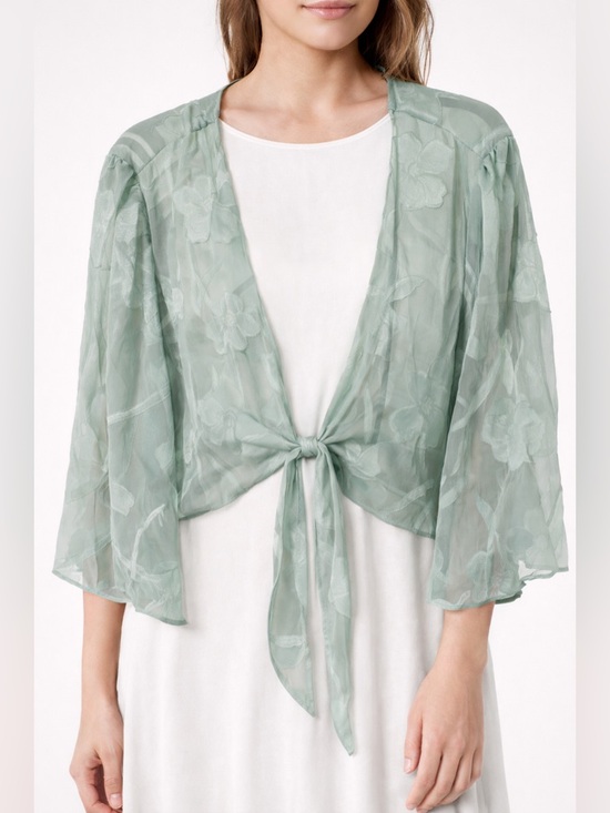 MS Glamour Tops - MSGlamor NWT Sage Green Sheer Floral Tie‎ Front Top Cardigan XXL Boho Romantic